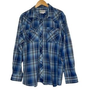 Haband Blue Plaid Long Sleeve Button Down Western Shirt Cowboy Rodeo Siz…